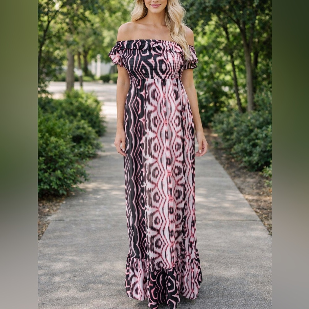 80’s 90’s Strapless Pink & Black Casual Everday Maxi Dress
